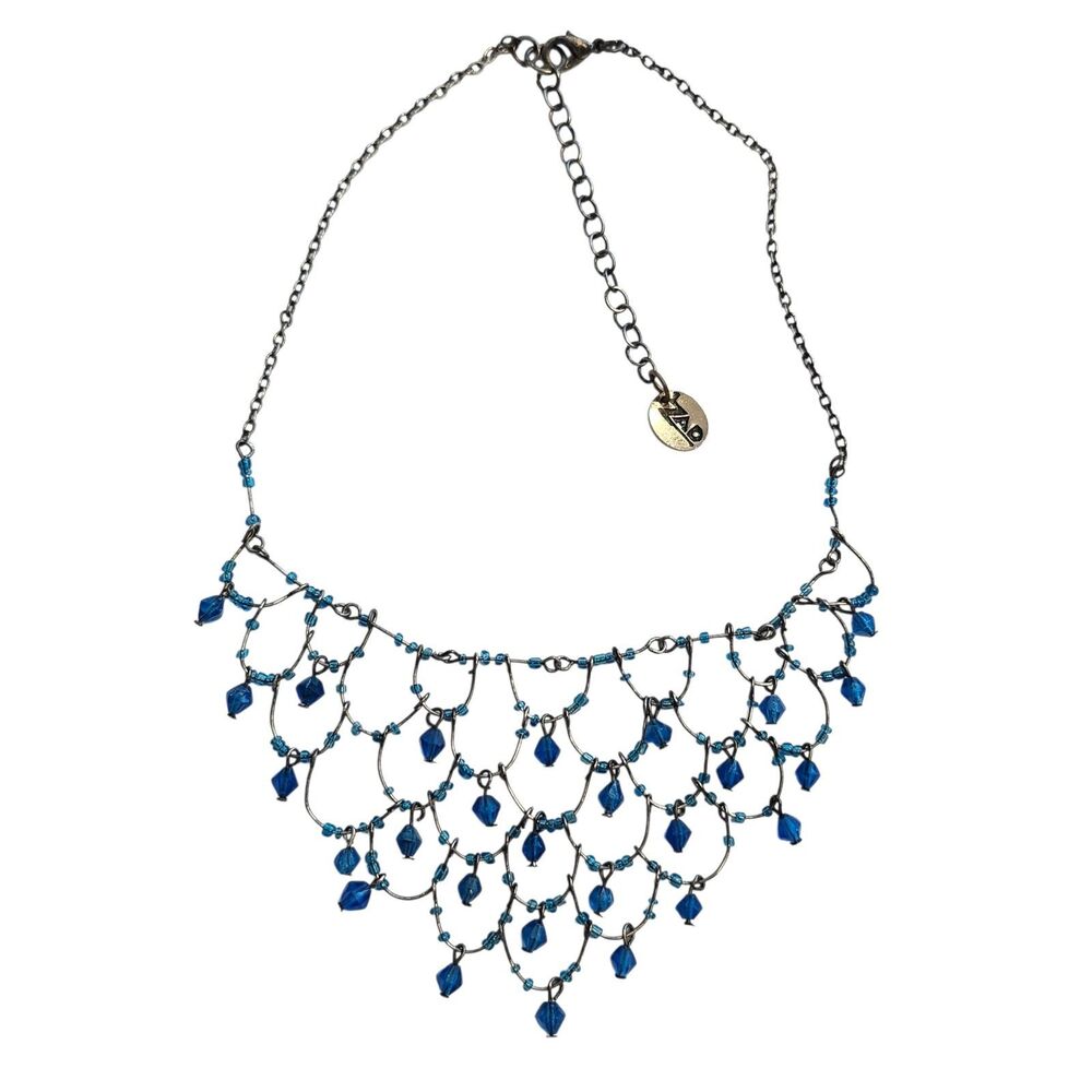 Blue Crystal Bicone Beads on Gunmetal Silver Wire Bib Necklace ZAD 14" - 17" Adj